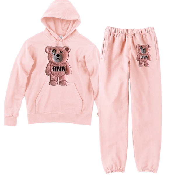 限定カラー】もこもこ クマ ワッペン刺繍 セットアップ 3D刺繍 ピンク