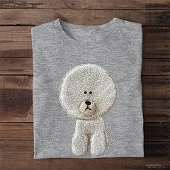  キャラ目プードル 犬 dog ドッグ　もこぷくふわワッペン トイプードル 刺繍 ぬいぐるみ風 3D刺繍 Tシャツ